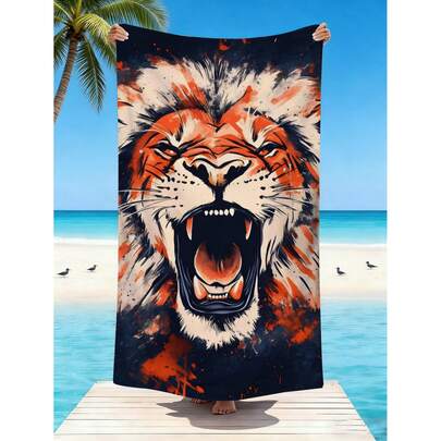 1条超柔软纤维狮子印花沙滩巾，多种尺寸可选，轻便沙滩毯，适合游泳、露营、运动、海滩或健身房使用。