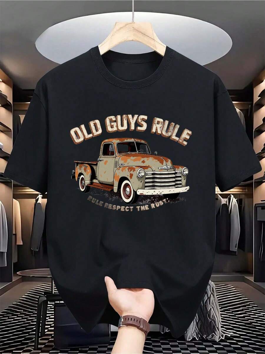 Short - Sleeve Crew - Neck Cotton T - Shirt In Black, Vintage Style, For Men, Suitable For Spring And Summer, Daily Wear, No Specific Festival - 黑色 - 查看 1