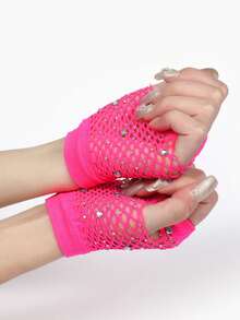 1 Pair Women's Short Punk Style Hollow Mesh Sexy Fingerless Gloves With Rhinestones,Travel,Festival,Party,Camping - Multicolor - View 7