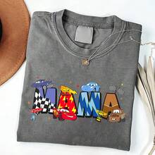 DisneyCars Lightning McQueenMama Mother's Day T-Shirt, Coffee Oversized Washed Cotton Tee With McQueen, Sally, Mater Graphic, Plus Size Loose Fit, Perfect For Mom, Cars Fans, Mother's Day Gift & Casual Wear - 灰色 - 查看 1