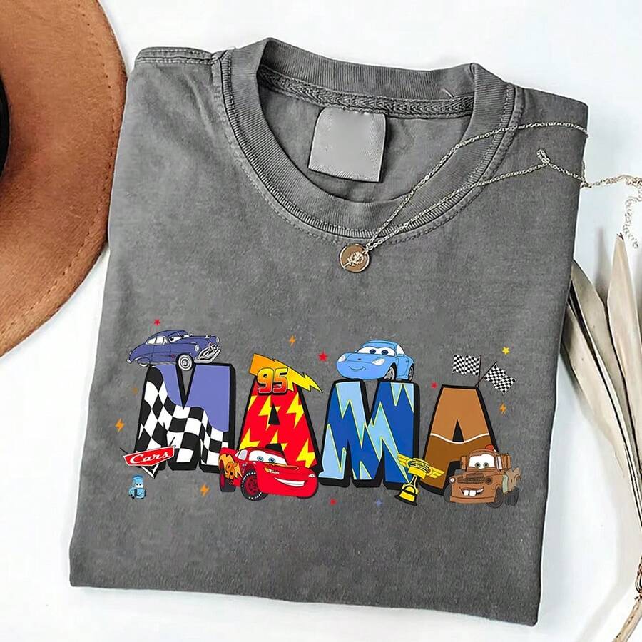 DisneyCars Lightning McQueenMama Mother's Day T-Shirt, Coffee Oversized Washed Cotton Tee With McQueen, Sally, Mater Graphic, Plus Size Loose Fit, Perfect For Mom, Cars Fans, Mother's Day Gift & Casual Wear - 灰色 - 查看 1