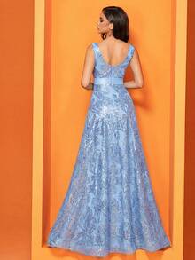 BluePlum Plus Size Women's High-Quality Sequin Embroidery Patchwork V-Neck A-Line Elegant Cocktail Party Gown, Suitable For Wedding, Anniversary, Family Formal Celebration, Bridal Shower, Birthday Party, Luxury Dignified Mother Of The Bride Dress (Heavy Decoration) - Light Wash - View 5