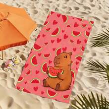 1pc Cute Capybara Hugging Watermelon, Pink Watermelon Pattern Beach Towel, Essential For Summer Beach, Suitable For Swimming Pool, Yoga And Beach Use - D - View 4
