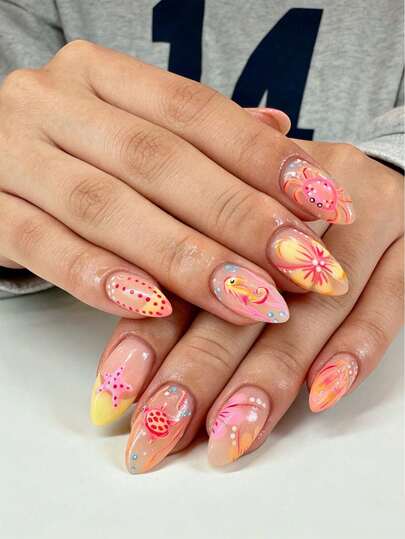 24pcs Ocean Beach Acrylic Press On Nails Medium Almond Press On Nails Colorful Ocean Decoration Dopamine Design Fashion Y2K Style Surface Glossy Full Cover Fake Nails For Women And Girls Daily Wear Suitable For Seaside Or Holiday
