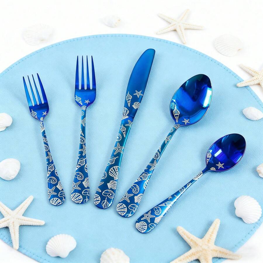 WAYDEKO Stainless Steel Cutlery Set, Knife, Fork, Spoon Set, Laser Engraved Vintage Paisley/Shell/Snowflake Pattern Design, Mirror Polished, Dishwasher , Black, Blue, Colorful Silverware Set, Tableware Set, Halloween Black Stainless Steel Cutlery Set, Knife, Fork, Spoon Set