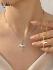 Hihho [1pc] Classic Star-Shaped Pendant, Can Be Layered With Fine Chain Pearl Necklace, Square Pendant Necklace To Create Depth, Suitable For Summer Camisole, Refined Look For Any Occasion, Appropriate As Daily Or Gift - Starlight - View 1