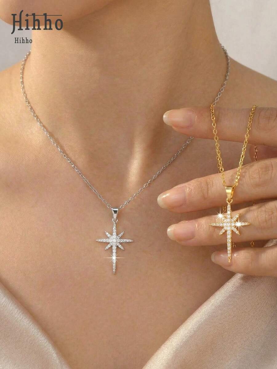 Hihho [1pc] Classic Star-Shaped Pendant, Can Be Layered With Fine Chain Pearl Necklace, Square Pendant Necklace To Create Depth, Suitable For Summer Camisole, Refined Look For Any Occasion, Appropriate As Daily Or Gift - Starlight - View 1