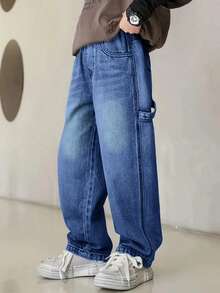 Quần jeans ống đứng dáng rộng thoải mái mới cho bé trai năm 2025, mùa thu. - Rửa nhẹ - Xem 2