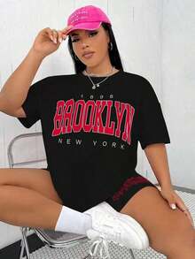 Plus Size Summer Casual Letter Print T-Shirt And Shorts 2 Pieces Set Anti-Wrinkle Cotton T-Unisex Loose - Fit Comfortable Vintage Street - Style C-L91 - 黑色4 - 查看 9