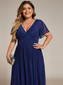 EVERPRETTY Plus Size Deep V-Neck Ruffle Sleeve Short Dress, Sexy Formal Evening Gown Suitable For Party, Dinner Wedding - Navy Blue - View 5