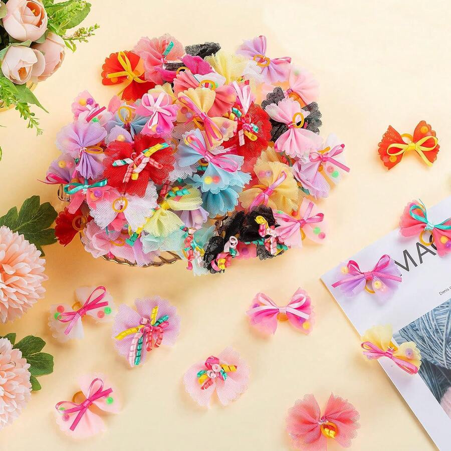 10 piezas de lazos de colores aleatorios con banda de goma para el cabello de perros pequeños y cachorros, accesorios para el cuidado del cabello de mascotas, lazos para gatos y caniche - Multicolor - Ver 1