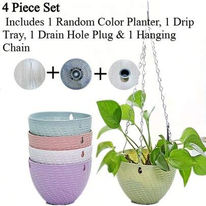 5件套植物盆栽套装，包含1个花盆、1个集水盘、1个排水塞和1条吊链。这款室内外通用悬挂式植物盆栽适用于家庭花园、阳台、庭院和露台的装饰。它功能多样、坚固耐用、实用省空间，且装饰效果百搭。