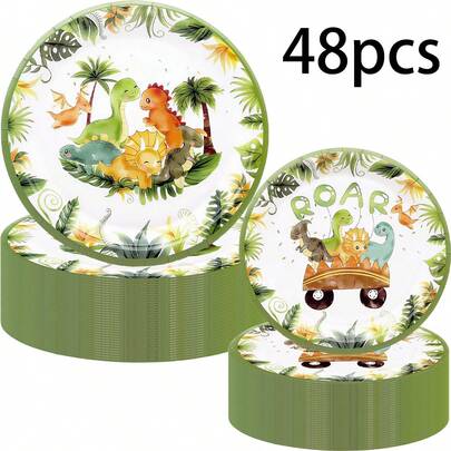 Bộ 48 món, đồ dùng ăn uống dùng một lần, đĩa giấy dùng một lần chủ đề khủng long, đĩa bánh, đĩa tiệc, đĩa sinh nhật, thích hợp cho nhiều dịp lễ hội như tiệc sinh nhật, họp mặt, dã ngoại, cắm trại, đồ dùng trang trí tiệc.