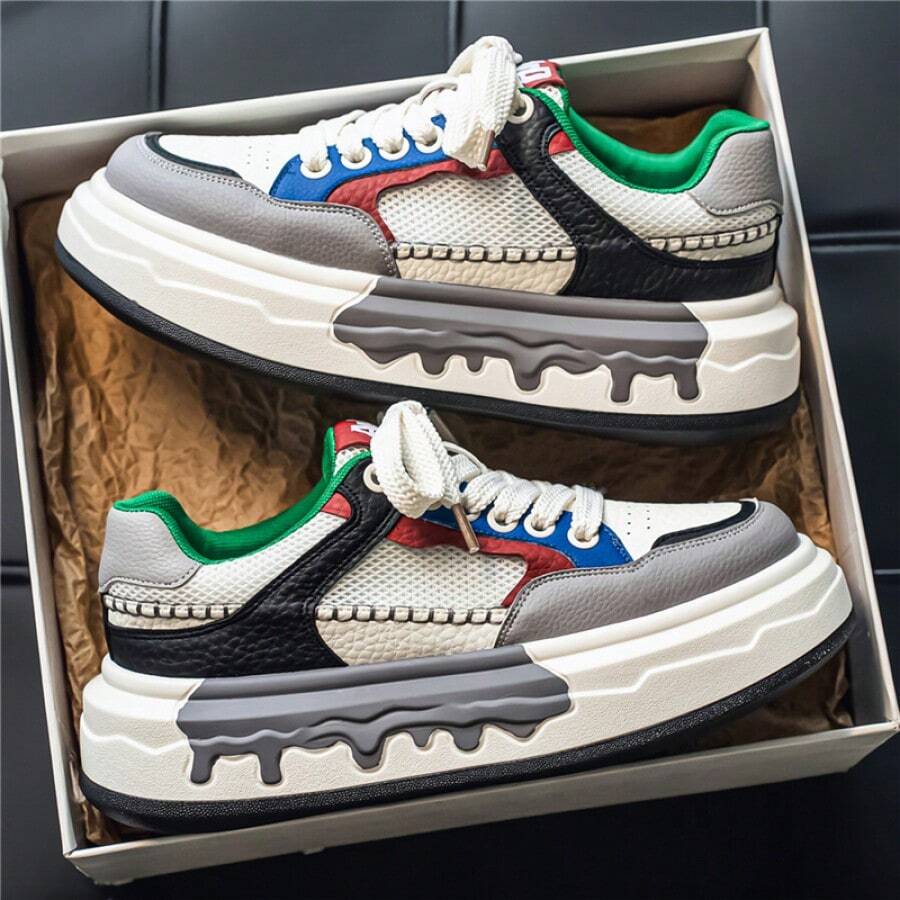 New Fashionable Versatile Contrast Color Thick Sole Casual Sneakers, Breathable Athletic Shoes - White and green - View 1