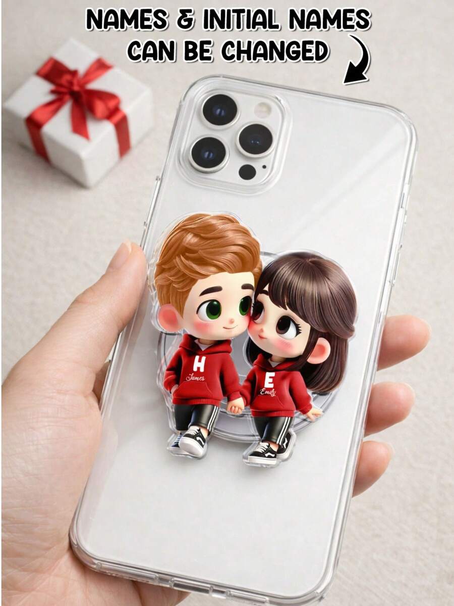 Catygift Custom 2D Flat Couple Phone Case Charm, Personalized Phone Accessory, Unique Couple Gift, Valentine's Day Anniversary Gift, Customizable Names & Initials - As Shown - View 1