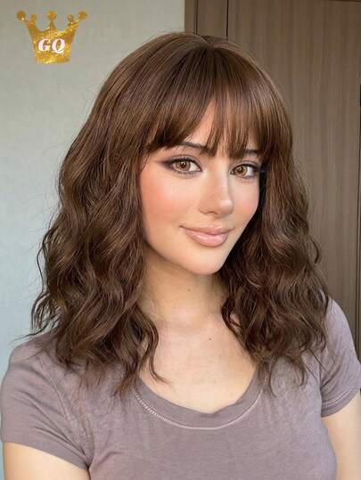 Short Water Wave Wig With Bangs For 12 Inch Curly Wigs Natural Synthetic Wig Hair Heat Resistant Women Daily Party Use
