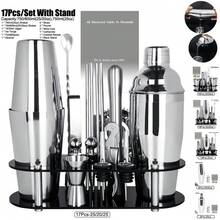KCJLHGT 2/14/16/17 piezas Juego de mezcla de cócteles de 750ml (25oz), 750ml/600ml (25oz/20oz), Kit de herramientas de bar en casa con soporte de recetas de cócteles - Plateado - Ver 2