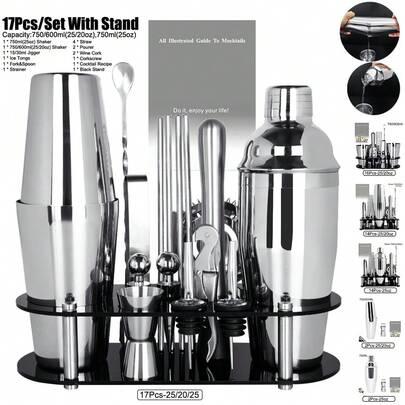 KCJLHGT 2/14/16/17 Piezas Juego de Coctelera 750ml(25oz), 750/600ml(25/20oz) Kit de Bartender Herramientas de Barra Accesorios de Cóctel con Soporte de Recetas para Familia, Fiesta. Accesorios de Cóctel