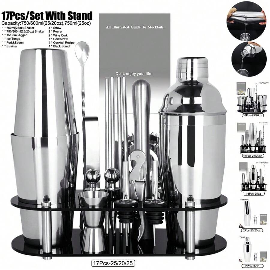 KCJLHGT 2/14/16/17 piezas Juego de mezcla de cócteles de 750ml (25oz), 750ml/600ml (25oz/20oz), Kit de herramientas de bar en casa con soporte de recetas de cócteles