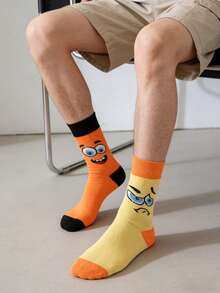 1 Pair Men's Orange & Yellow Contrast Funny Expression Pattern Mid-Calf Socks Casual For All Seasons - Multicolor - View 2