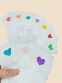 5/10/15 pares de calcetines de niña con patrón de corazón de color caramelo, calcetines lindos para niños para la escuela, deportes, todas las estaciones, adecuados para niñas, calcetines blancos para niños y niñas - calcetines transpirables hasta el tobillo, calcetines básicos diarios para niños, accesorios de ropa para niñas, calcetines para zapatos de niñas, calcetines cortos, suministros para bebés, calcetines para niñas bebés - Multicolor - Ver 7