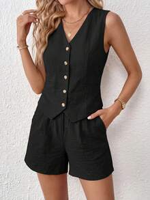PRETTYGARDEN Women's Summer Clothes Tanktop 2 Piece Sets Outfits Sleeveless Matching  Button Down V Neck Vest Waistcoat And Pockets Going Out Short Sets Vacation - 黑色 - 查看 1
