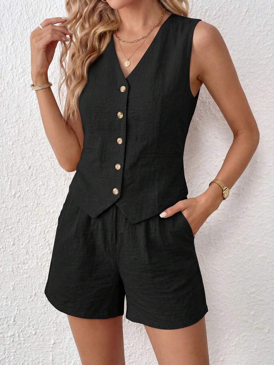 PRETTYGARDEN Women's Summer Clothes Tanktop 2 Piece Sets Outfits Sleeveless Matching Button Down V Neck Vest Waistcoat And Pockets Going Out Short Sets Vacation - 黑色 - 查看 1