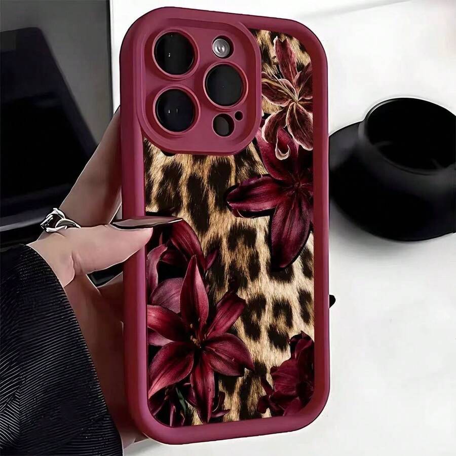 Cheetah, Leopard Print Burgundy Sexy Leopard Print & Vintage Floral Thick Anti-Drop Phone Case, Compatible With Iphone 11 12 13 14 15 16, 13 Pro Max, 16 Plus, XR, 7, 8 Plus, 17 Pro Max, 15 Pro Max And Other Models - Burgundy - View 1