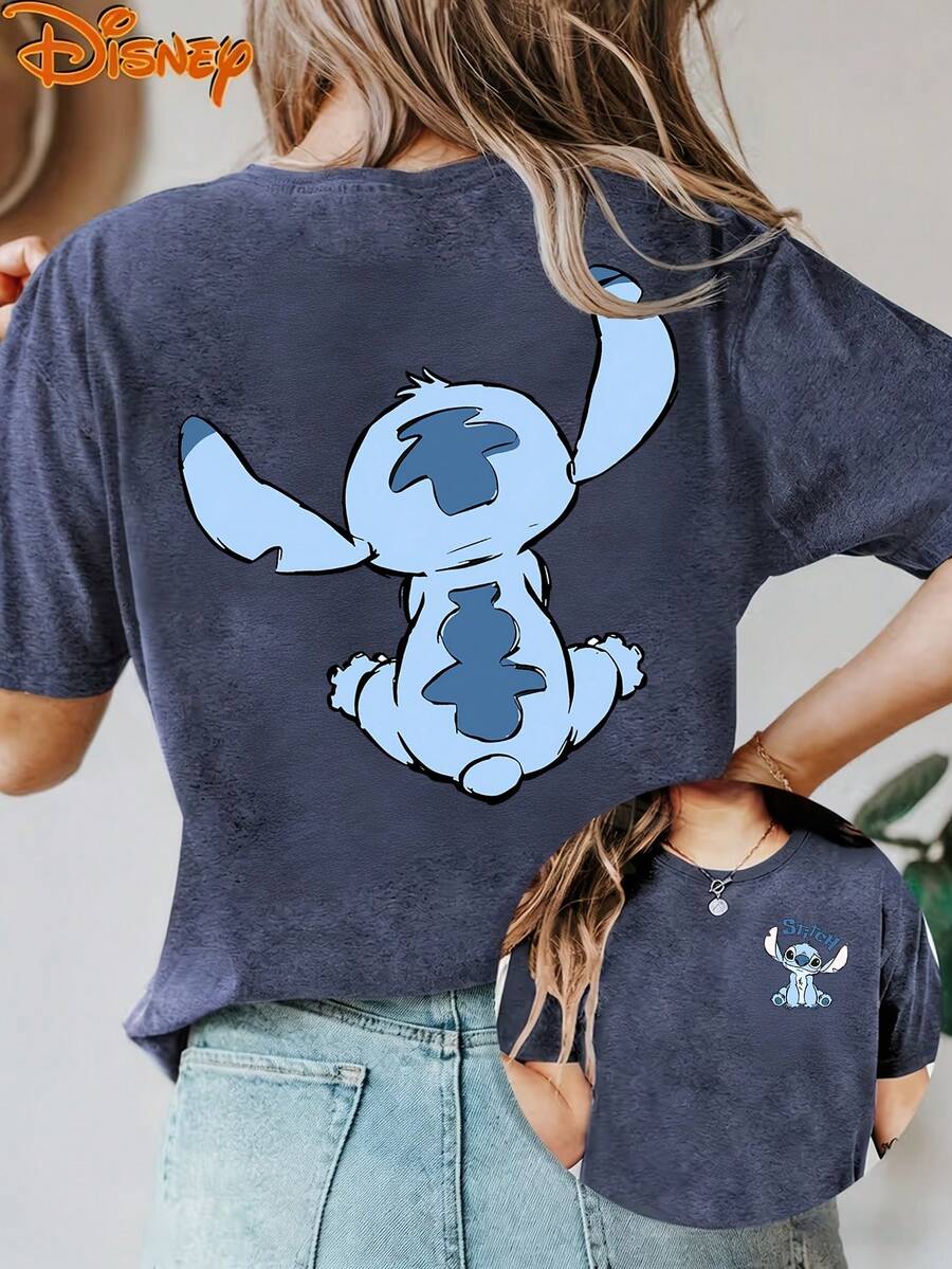Disney License T Shirts,Disney Lilo & Stitch Cute Stitch Back View Women's Graphic T-Shirt, Retro Stitch Cartoon Character Print, Crew Neck Casual Loose Fit Short Sleeve Tee, Vintage Summer Casual Tops For Daily Wear Disney Theme Park Vacation ,Camiseta, Summer Outfits For Women, Summer Clothes, Summer Tops, Tops For Women, Festival Outfits, Summer Tops For Women, Mother's Day, Mother's Day Clothing, Gifts For Family And Friends, Spring Outfits For Women, Officially Licensed Disney T-Shirts, Disney Men's And Women's Spring/Summer Fashion Casual Short-Sleeve T-Shirts - 藍色 - 查看 1