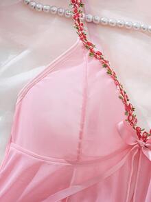 2pcs V-Neck Lingerie Set With Cranberry Decor Bow, Chiffon Skirt Ethereal Sweet Style Wireless Bra And Panty Set - Pink - View 4