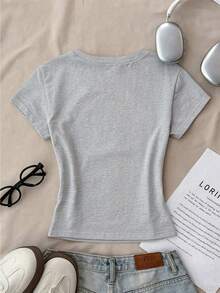 Áo thun nữ tuổi teen họa tiết da báo dễ thương 23 GENIUS, áo crop top phong cách Y2K, chất liệu mềm mại và thoải mái, thích hợp cho mùa hè đi học và phong cách đường phố. - Xám - Xem 2