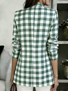 Áo blazer dài tay kẻ caro xanh lá cây dành cho nữ, được làm từ vải dệt, có cổ ve áo và túi, hoàn hảo cho những dịp thường ngày hoặc công sở vào mùa xuân và mùa thu. - màu xanh lá - Xem 3