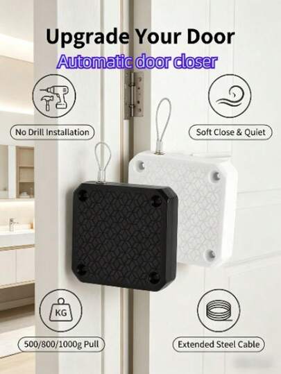 Cierre automático de puerta sin taladro - Amortiguación suave y silenciosa, cable de acero extendido, fuerza de tracción de 500/800/1000g, adecuado para todo tipo de puertas, kit de instalación completo