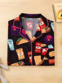 New 2-Piece Casual Food And Bell Style Home Set, Short Sleeved Shorts, Breathable Pajamas, Retro Style, Home Decor - 黑色 - 查看 3