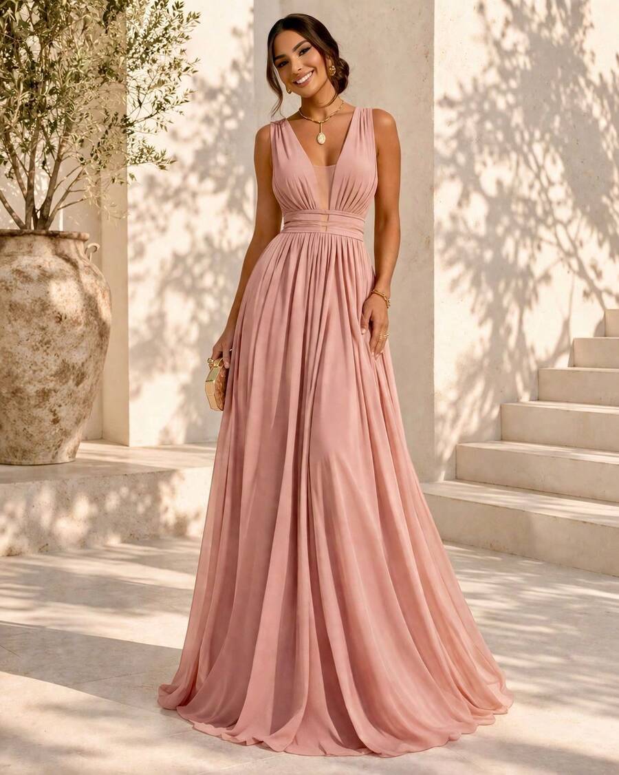 Bridesmaid Dress For Graduation, Party, Mother Of The Bride/Groom, Sashes, Defined Waist, No Glitter, JM Mint, Lilac, Lavender, Marsala, Terracotta. - Màu hồng gỉ - Xem 1