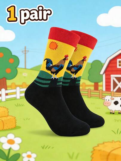 一双趣味公鸡图案中筒袜，休闲百搭，四季皆宜，是农场和动物爱好者的完美礼物，适合日常穿着、徒步旅行和旅行。