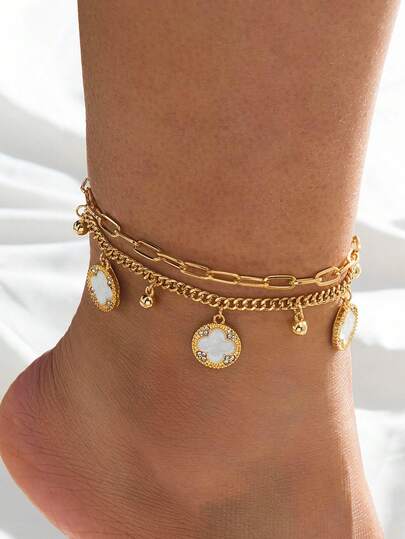 Vòng chân tua rua nhiều lớp hình cỏ ba lá may mắn mạ vàng sang trọng, món trang sức chân thanh lịch dành cho nữ, thích hợp đeo hàng ngày hoặc trong các dịp lễ.