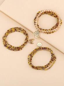 3件套波西米亚风多色串珠生命树吊坠手链 - 玫瑰金 - 查看 2