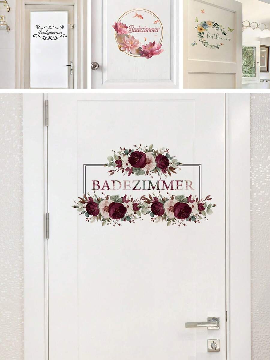 BRUP 1pc Boho Floral Watercolor Wall Sticker, Removable Vinyl Decal With "BADEZIMMER" Text For Bathroom Door, Elegant Vintage Home Decor, Perfect Housewarming Gift - 1PC - View 1