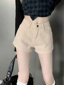 Y2K Summer Solid Color Slant Pocket Denim Shorts Casual - Apricot - View 4