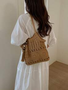 Hollow Tassel Handmade Crochet Cotton Shoulder Bag, Zipper Closure, Bohemian Style, Suitable For Vacation, Commute And Daily Use - Khaki - View 5