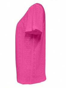 Plus Size Square Neck Embroidered T-Shirt, Casual Short Sleeve Front Pleated Blouse, Spring/Summer Women's Clothing - Hot Pink - View 3