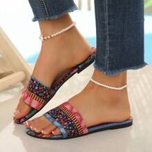 Bohemian Style Women's One-Toe Sandals, Retro Printed Flat Slippers, Summer Outdoor Beach Flip Flops - Pink - View 3