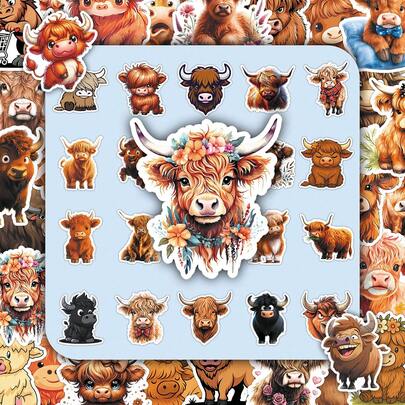 50张可爱卡通苏格兰高地牛贴纸，对比鲜明的趣味装饰贴纸，适用于收纳盒、垃圾桶等。