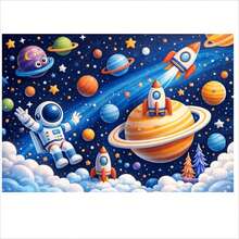 2D 平面太空主题生日装饰横幅背景，外太空派对背景，宇航员火箭星球装饰，适用于生日派对、主题派对、家居花园装饰、儿童室内/室外拍照道具、派对横幅，乙烯基材质 - 彩色 - 查看 19