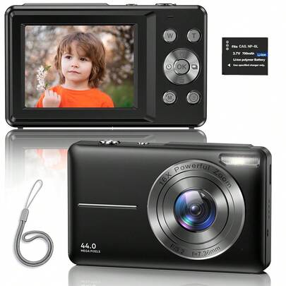 Nicamery 1080P 4400万像素数码相机，适用于摄影、数码傻瓜拍摄和录像，16倍光学变焦，配备2块电池，小巧便携，适合作为青少年和老年人的礼物。[此链接不包含存储卡，请另行购买]