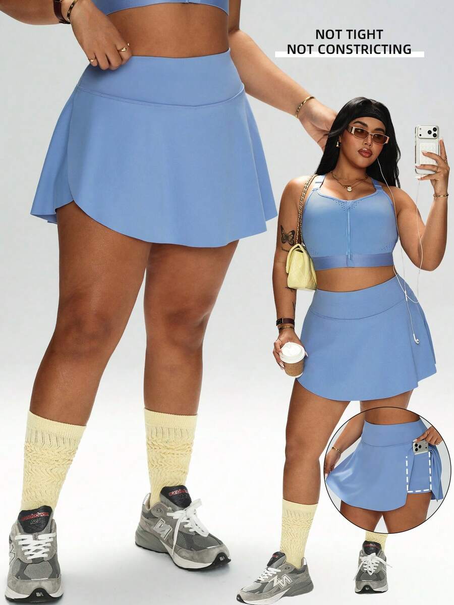1pc Plus Size Women Sports Skort, Fashionable Casual Sports Yoga Outdoor Baseball Skort With Built-In Leggings, Side Pocket, Spring/Summer - Blue - View 1