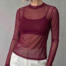 Long-Sleeved Tulle Blouse In Pastel Candy Colors, Spring Color Block. - Burgundy - View 3