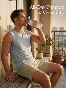 2pcs/Set Men's Casual Outdoor Sports Suit, Includes Sleeveless Top And Shorts, Training Fitness Running Sportswear Set - Khaki - View 5