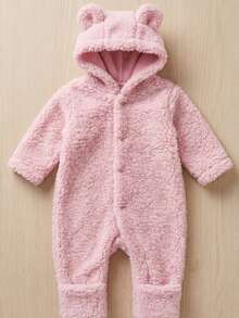Fleece  With Ears, Winter, Cold Weather, Long Sleeves, Baby Boy, Baby Girl, Newborn To 12 Months, Hooded, Cute, Stylish, Comfortable, Warm - 淺粉色 - 查看 6